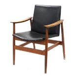 Mid century armchair in the manner of Greta Jalk, teak with black leather seat, h79 x w60 x