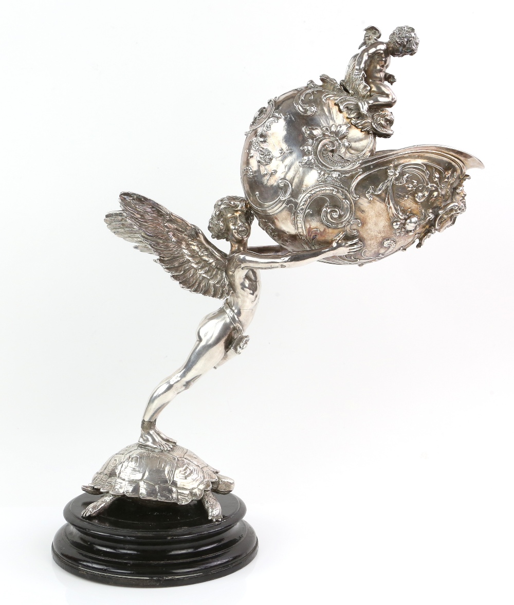 After Franz von Stuck for WMF, silver plated figural centrepiece, cast as cupid standing on a - Image 2 of 24