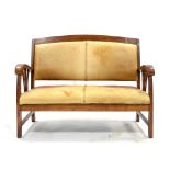 Art Deco style mahogany settee, with leather upholstery, H82 x W111 x D60cm This is not of the