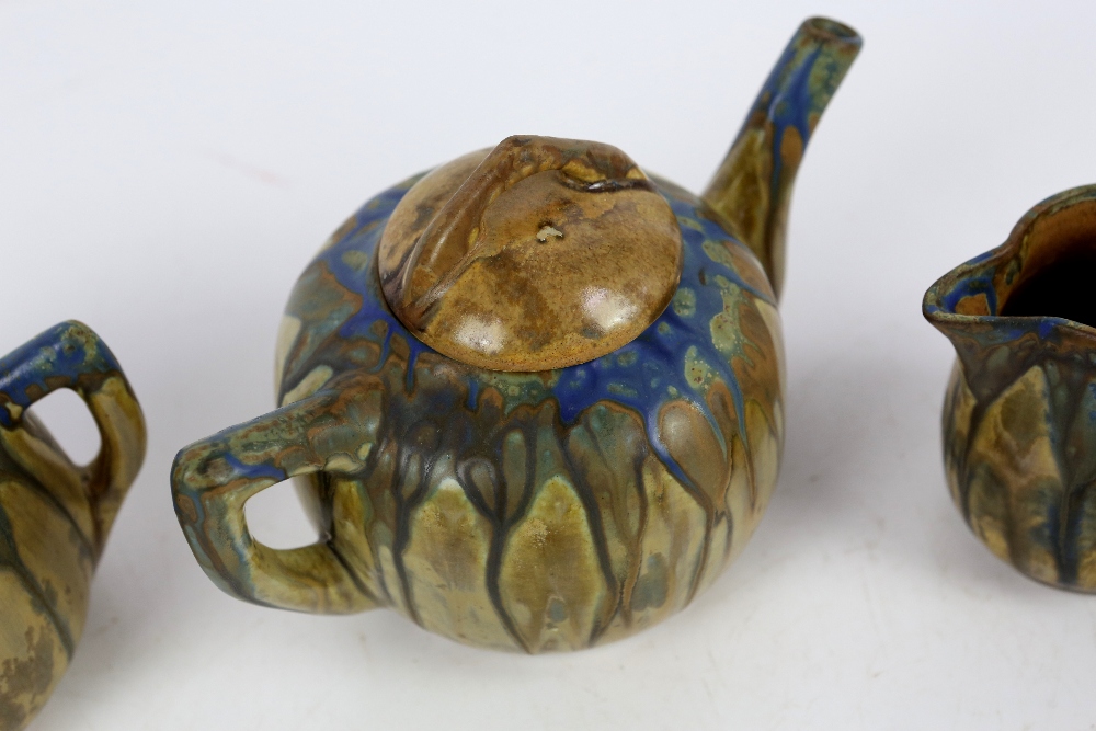 Gilbert Metenier, France, drip glaze teapot, sugar bowl with cover and cream jug, the blue-green - Image 6 of 8