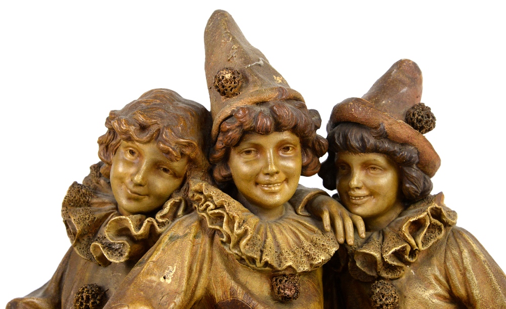 Goldscheider figure of three children dressed as clowns, on a shaped base, impressed marks and - Image 11 of 26