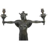 Art Deco Egyptian revival pair of figural cast metal table lamps, of female form wearing royal