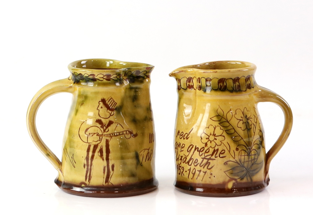 Mary Wondrausch slip decorated pottery pinched spout jugs, one 'Grow old with me The best is yet - Image 8 of 12