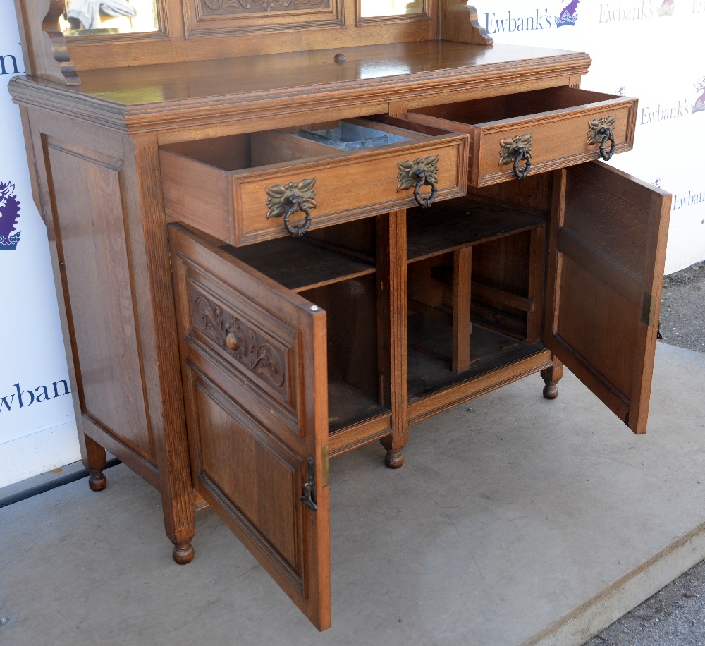 Arts and Crafts / Art Nouveau oak dresser with mirrored back on bun feet, w146 x d54, height base - Image 7 of 36