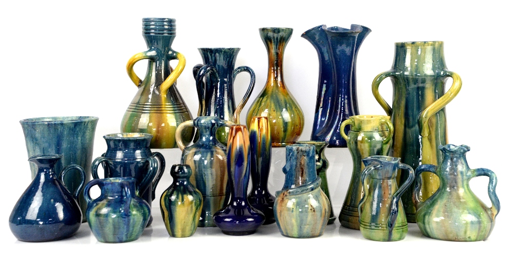 Belgium Pottery, including Thulin Faiencerie, vases and jugs in blue and green drip glaze, including