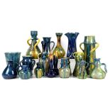 Belgium Pottery, including Thulin Faiencerie, vases and jugs in blue and green drip glaze, including