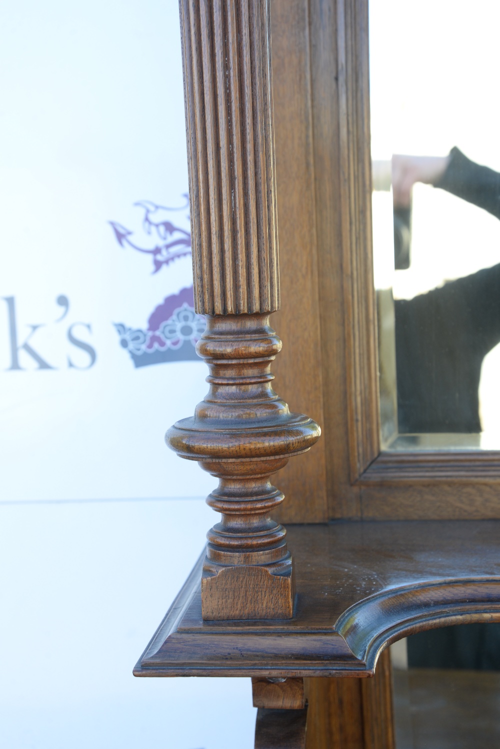 Arts and Crafts / Art Nouveau oak dresser with mirrored back on bun feet, w146 x d54, height base - Image 35 of 36