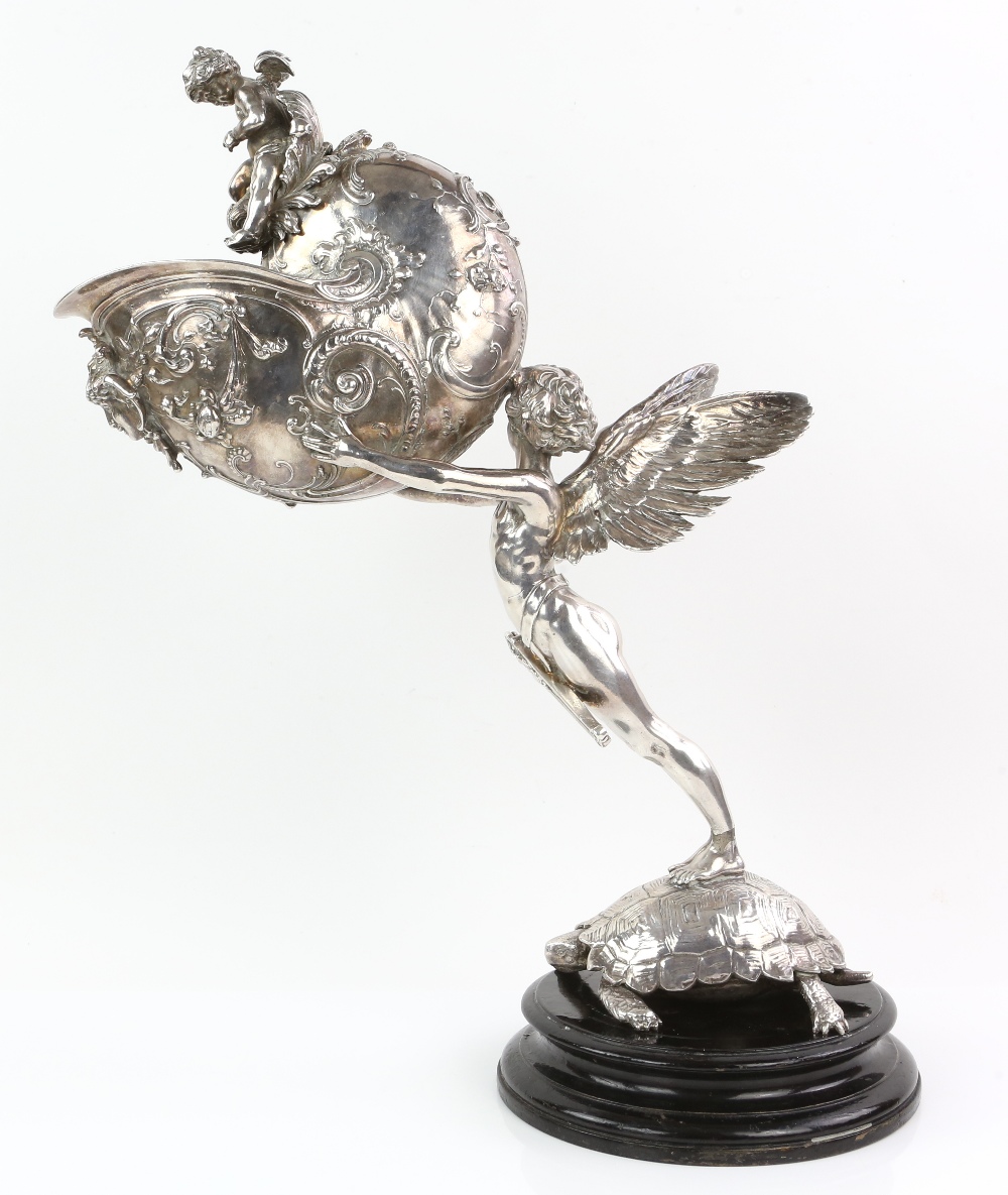 After Franz von Stuck for WMF, silver plated figural centrepiece, cast as cupid standing on a - Image 10 of 24