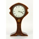 Art Nouveau mahogany mantle clock with a stylised floral motif and satinwood and mother of pearl