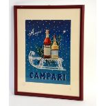 Campari bar poster from 1965 depicting a Christmas theme with sleigh and tree, stamped to mount '