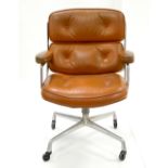 Eames for Herman Miller ES104 executive swivel desk chair, in tan leather and chrome, w67 x d70 x