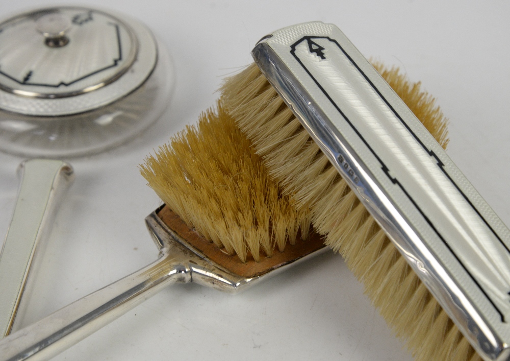 Art Deco hallmarked silver and white guilloche enamel six piece dressing table set, comprising - Image 12 of 24