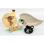 Sylvac dog cruet, 18.5cm wide, small Shelley jug, 8cm, Crown Devon leaf dish, 29cm, and Crown