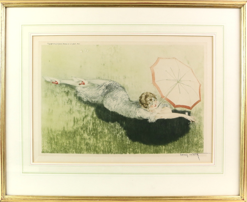 § Louis Icart (French 1880-1950) Parasol, signed drypoint etching, embossed blindstamp, le Graveur - Image 4 of 8