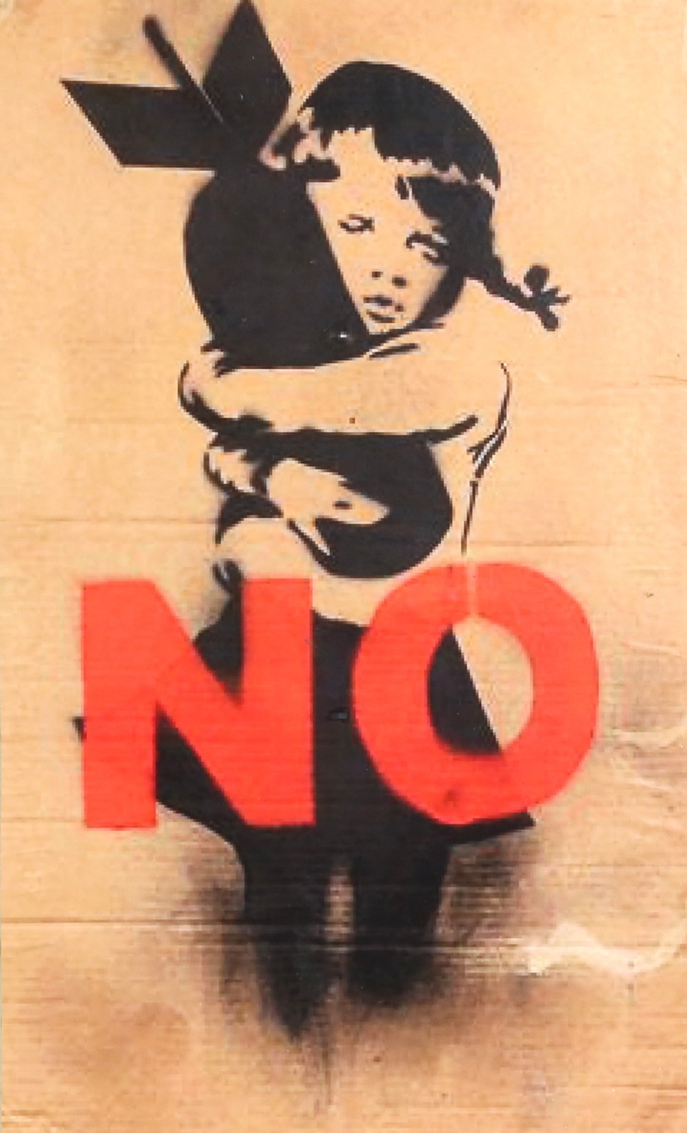 After Banksy. Bomb Hugger. Reproduction poster stuck on card. 41 x 25cm