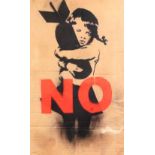 After Banksy. Bomb Hugger. Reproduction poster stuck on card. 41 x 25cm