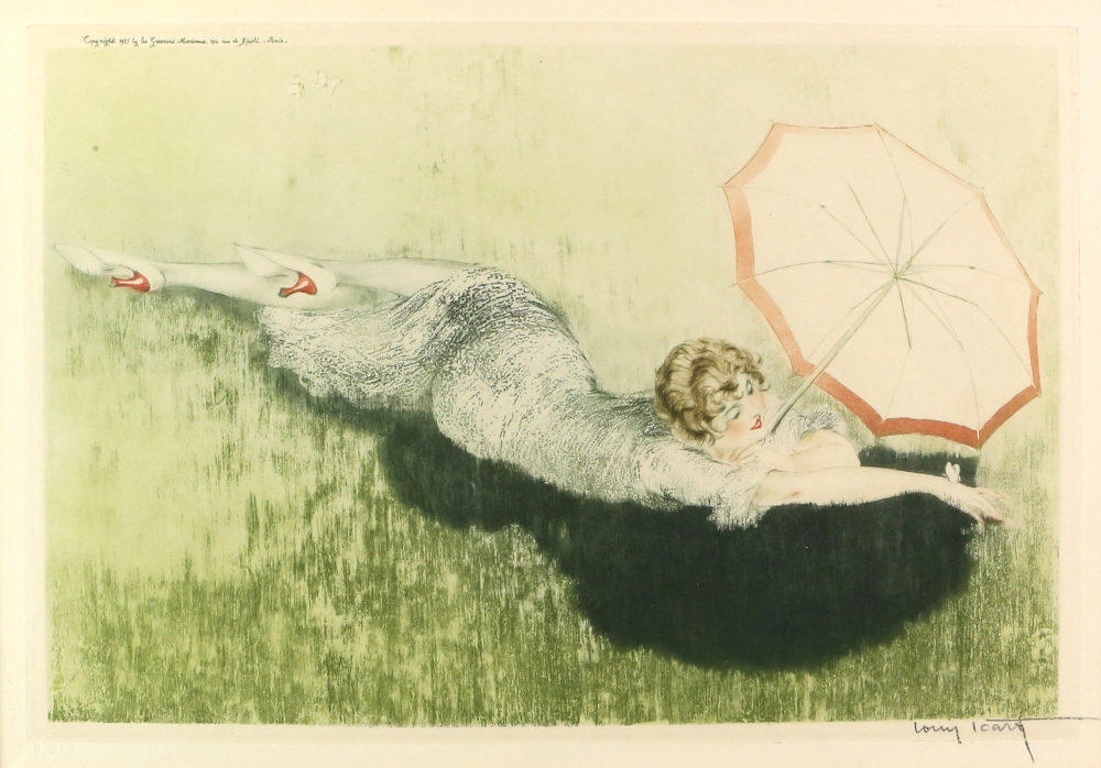 § Louis Icart (French 1880-1950) Parasol, signed drypoint etching, embossed blindstamp, le Graveur