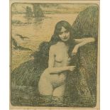 Etching of a nude woman leaning on a rock in the sea, 26 x 22cm