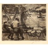 Mixed folder of unframed vintage etchings and prints, including Edward J Cherry (1886-1960), etching