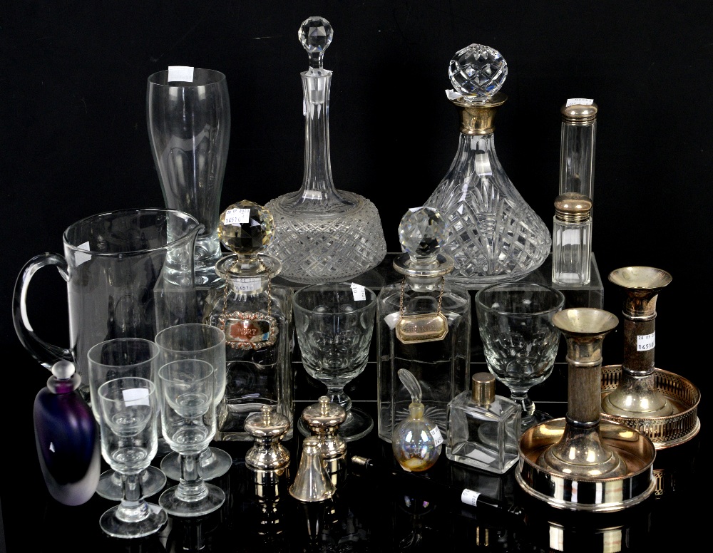 Two glass decanters with silver collars, a pair of Georgian goblets with knopped stems, silver