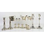 Silver and plated items to include two pairs of silver dwarf candle sticks, two other pairs of