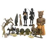 Collection of African cast metal figures, carved wood figures and a pair of oriental heads
