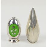 Danish silver and Enamel pepper by Meka and another Danish silver pepper by ABSA of Modernist design