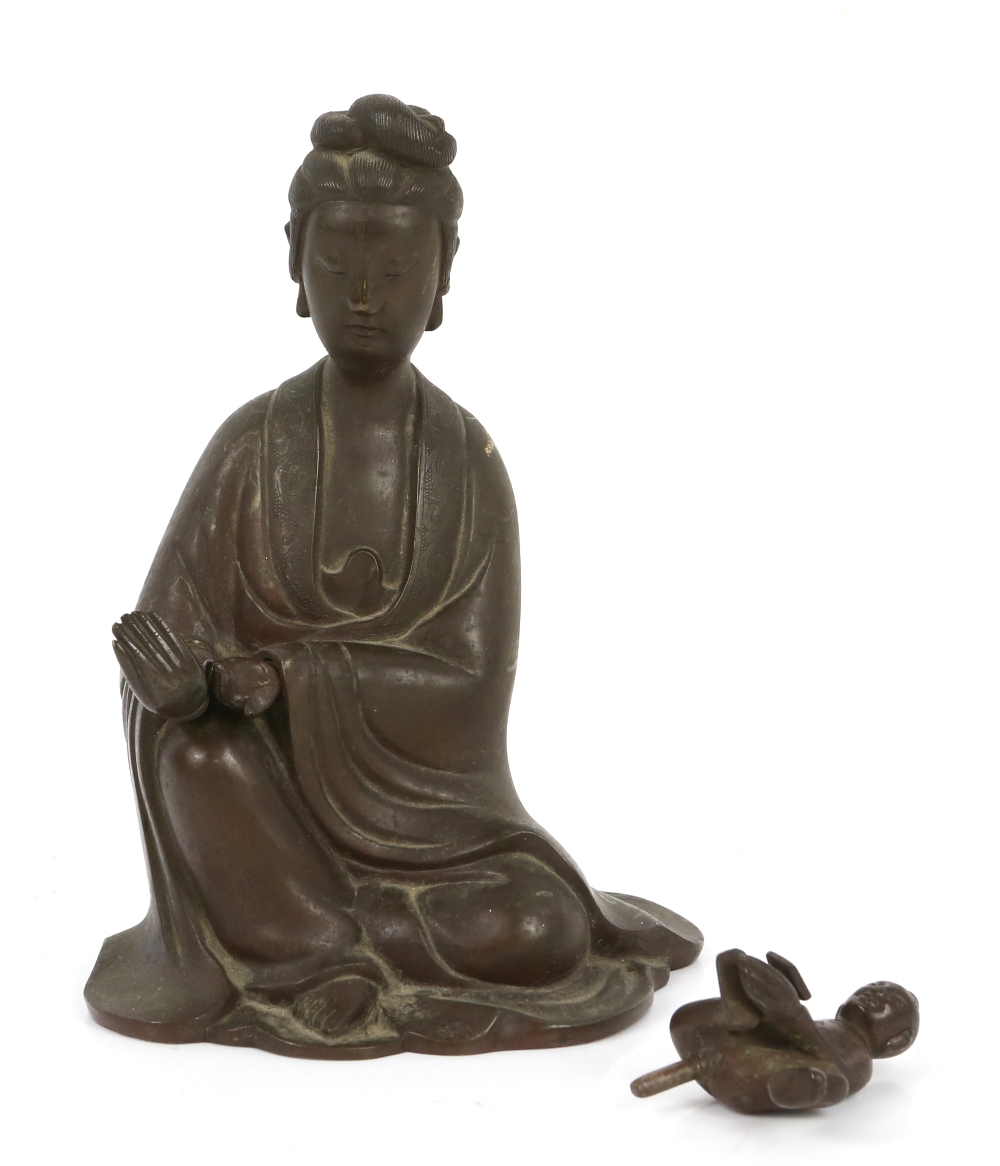 Asian brass figure of a woman seated with child, another wooden figure and two glass cylindrical - Image 2 of 6