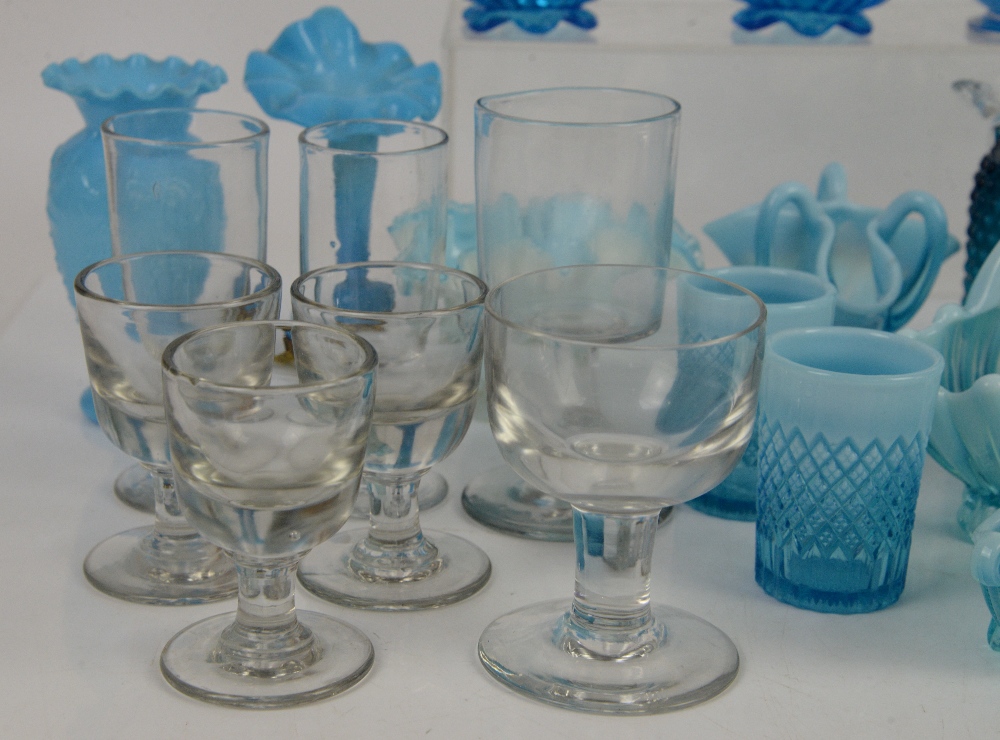 Quantity of late 19th or early 20th century blue opaline glass to include a blue glass lustre, a cut - Image 12 of 14