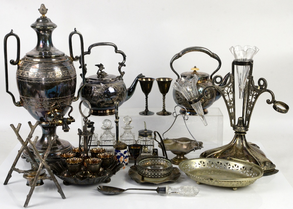 Collection of silver plated items to include a samovar, egg cruet, epergne with two glass vases, tea