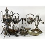 Collection of silver plated items to include a samovar, egg cruet, epergne with two glass vases, tea