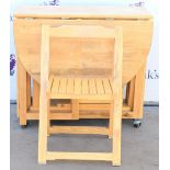 Modern gateleg table on castors containing four picnic chairs. 130W x 77H x 85D