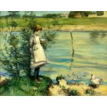 Young girl dressed in an apron standing over a river with chicken and ducklings, gouache, appears