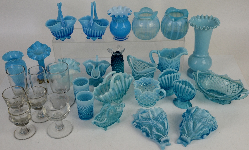 Quantity of late 19th or early 20th century blue opaline glass to include a blue glass lustre, a cut - Image 7 of 14