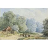 19th century English School, landscape with horses pulling a cart, figures and cottage,