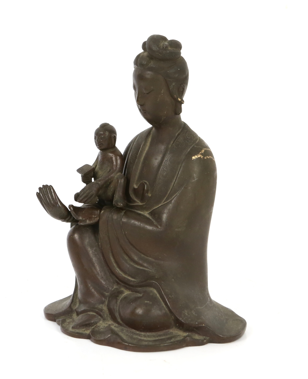 Asian brass figure of a woman seated with child, another wooden figure and two glass cylindrical - Image 3 of 6