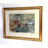 20th century British school, Fishermen on their boat in a harbour, watercolour, indistinctly