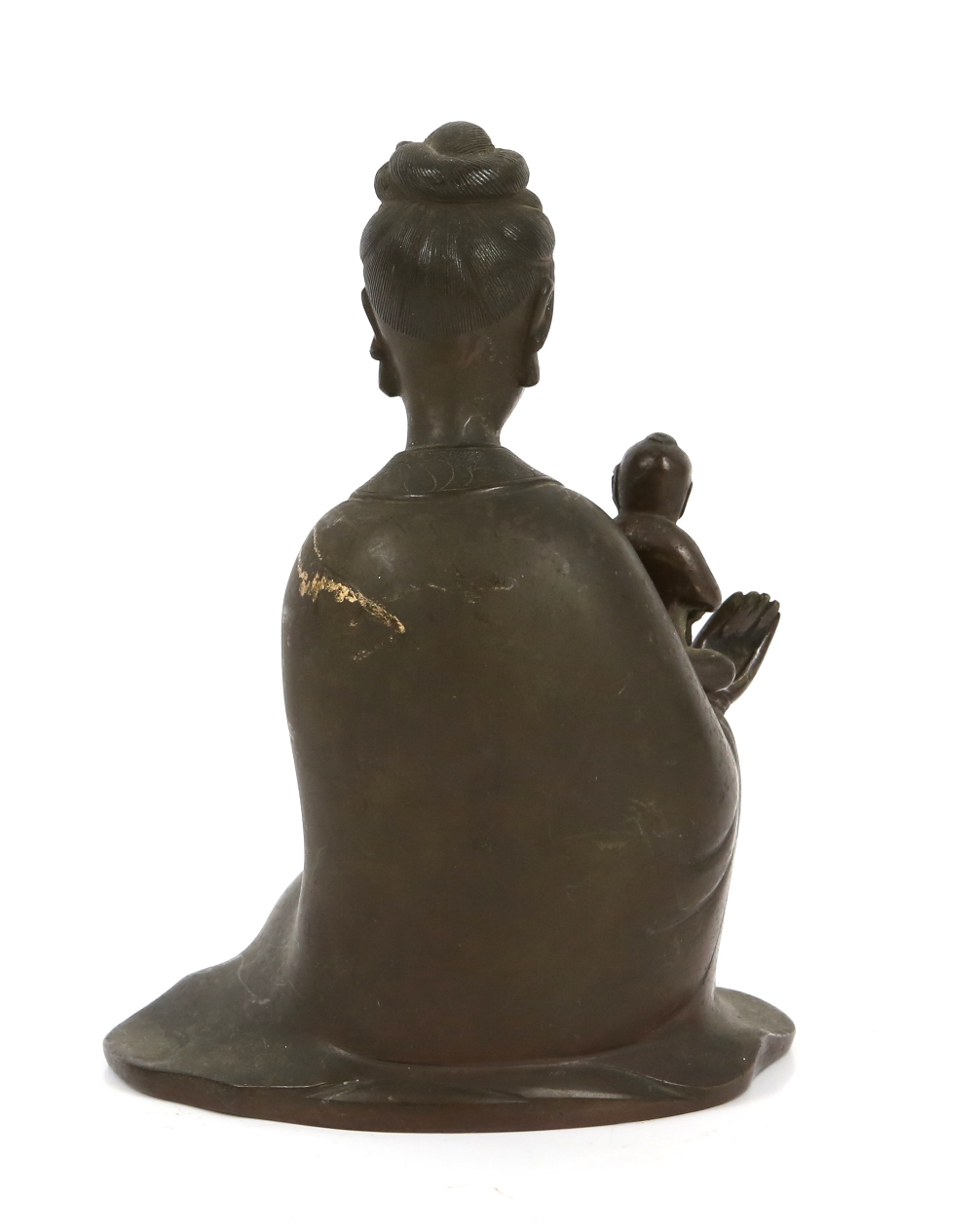 Asian brass figure of a woman seated with child, another wooden figure and two glass cylindrical - Image 5 of 6