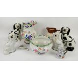 Copeland Spode chamber pot and jug, together with two pairs of Staffordshire flatbacks of dogs, a