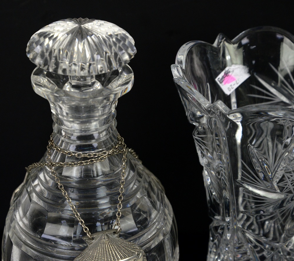 Two glass decanters with shell decanter labels and a glass vase - Image 2 of 2