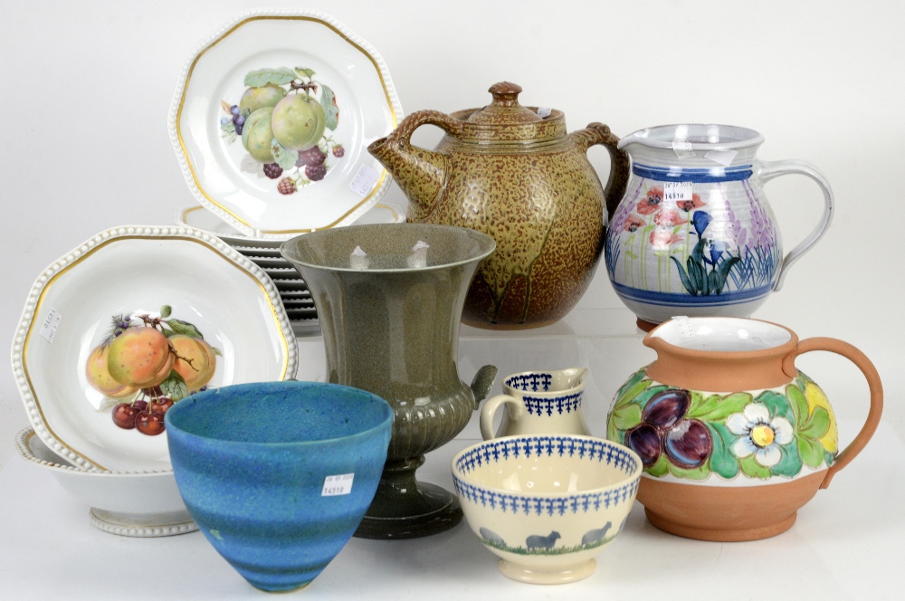 Assorted pottery and glass wares to include large glass vase, 2 pottery jugs, and a teapot, and an