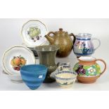 Assorted pottery and glass wares to include large glass vase, 2 pottery jugs, and a teapot, and an