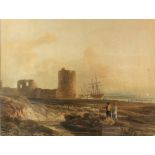 In the style of John I Varley, view of Flint castle with boats, figures and sheep, unsigned,