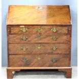 19th century mahogany bureau, the fitted interior above four graduating long drawers on bracket