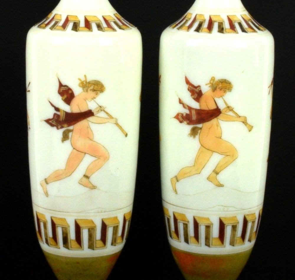 Pair of 19th century opaline glass vases in Etruscan style, with vignettes of musicians and Greek - Image 4 of 4