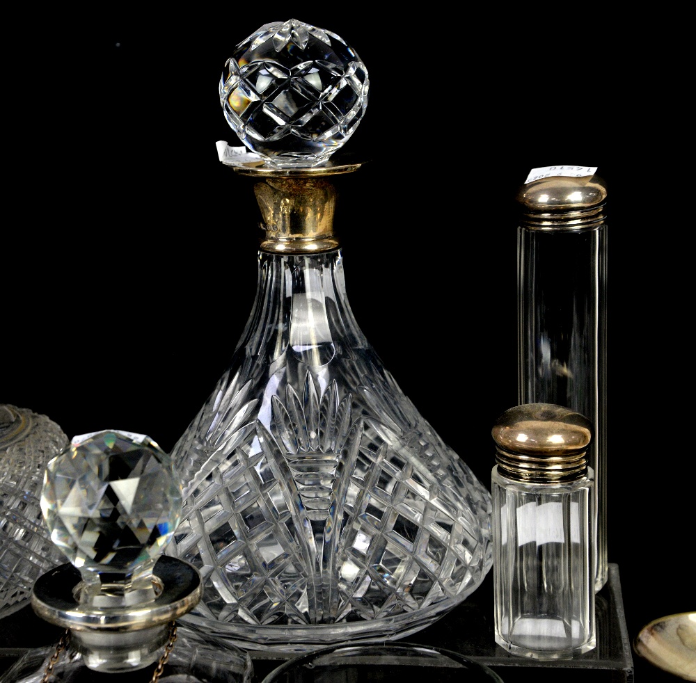 Two glass decanters with silver collars, a pair of Georgian goblets with knopped stems, silver - Image 3 of 8