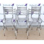 Set of six modern metal dining chairs with slat backs (6). Does not include table or seat cushions