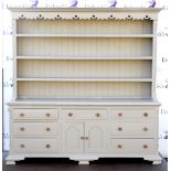 Painted pine dresser with three tier plate rack, two sets of three short drawers between a short