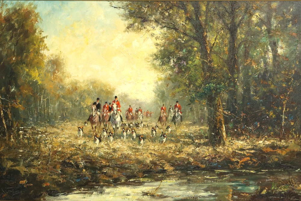 Fritz Moritz, 1922-1994, hunting scene with riders and hounds, signed, oil on canvas, 58cm x 88.5cm,