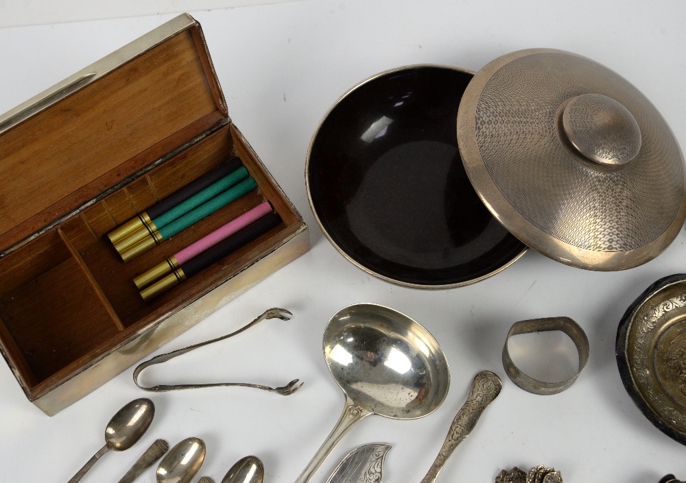 Engine turned silver and Bakelite powder box, Birmingham 1933, cigarette box, ring tree, silver - Image 3 of 7